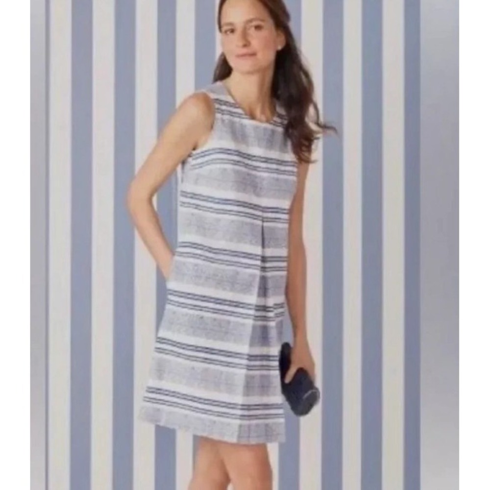 J. McLaughlin Dress Women M Blue Striped Cotton Blend Pleated Shift Sleeveless